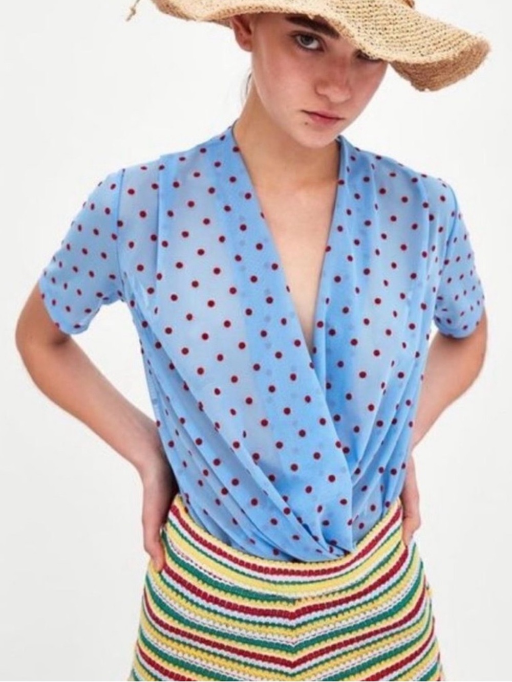 Zara Sky Blue Polka Dot Wrap Blouse